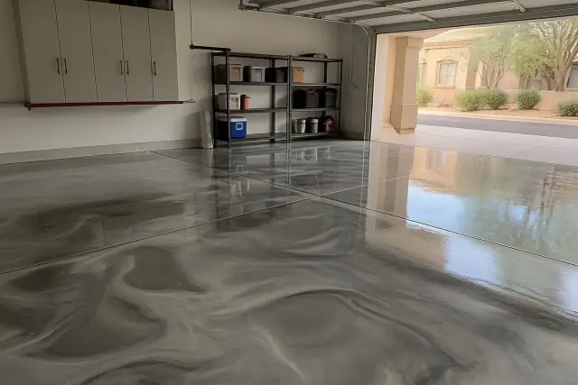 Glossy marbled metallic epoxy flooring in a residential garage in Tempe, AZ.