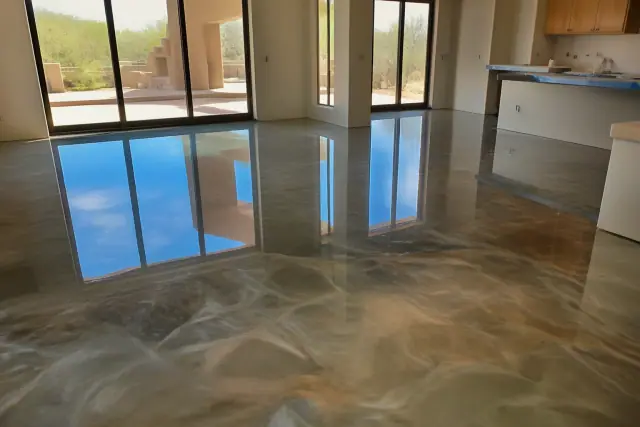 High-gloss metallic epoxy floor in a finished living space in Phoenix, AZ.