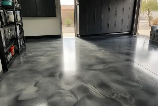 Metallic epoxy floor with pearlescent swirls in a residential garage in Phoenix, AZ.