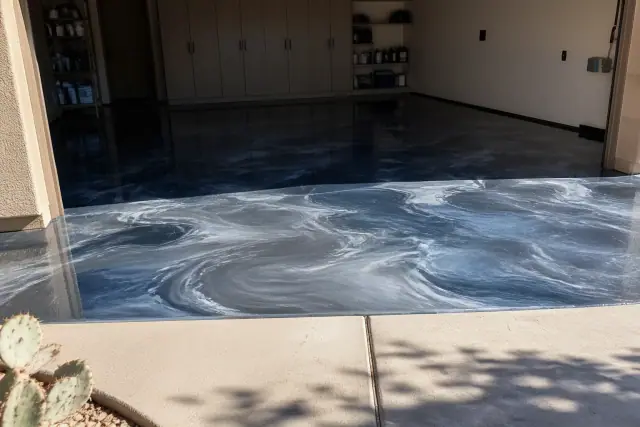 Freshly applied metallic epoxy flooring with swirling patterns in a Phoenix, AZ residential garage.