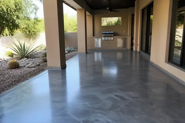 Metallic epoxy flooring on a covered outdoor patio with desert landscaping in Phoenix, AZ.