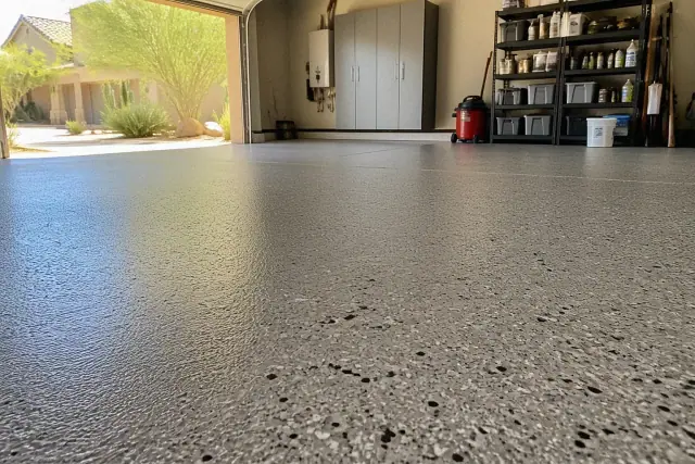 Partial-broadcast epoxy flake flooring installed in a residential garage in Phoenix, AZ.