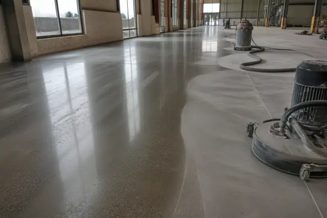 Polished concrete floor in an industrial warehouse under construction in Phoenix, AZ.