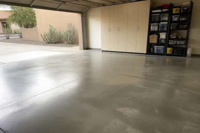 Polished concrete floor in a residential garage with storage cabinets, seen from the Phoenix, AZ driveway.