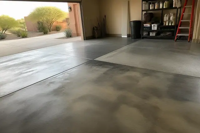 Concrete garage floor with a raw finish and view of desert landscaping in Phoenix, AZ.