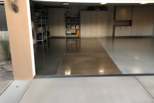 High-gloss finished concrete floor in a residential garage in Phoenix, AZ.