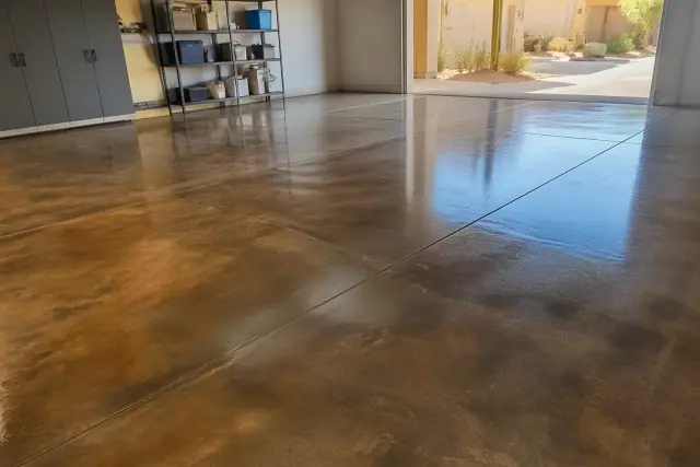 Polished, stained, and sealed concrete garage floor in Phoenix, AZ, with visible gloss and storage shelving.