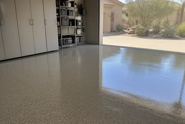 Finished polyaspartic and polyurea garage floor coating in a Phoenix, AZ residential garage.