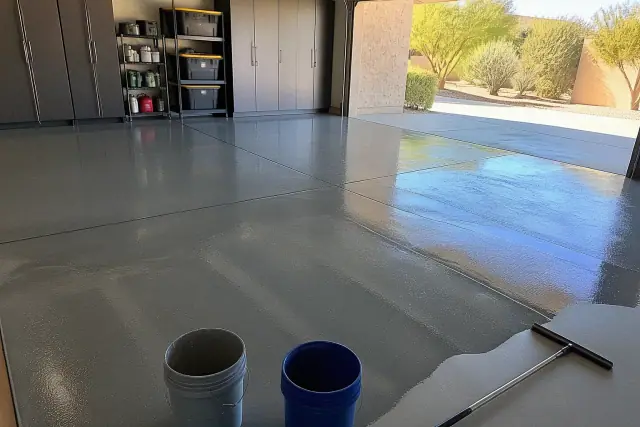 Polyaspartic floor coating application on a garage floor in Phoenix, AZ, with mixing buckets and open garage door view.