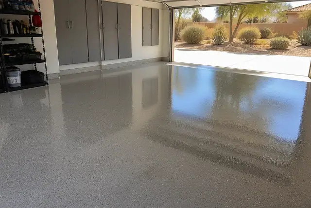 Glossy polyaspartic floor coating with decorative flakes inside a residential garage in Phoenix, AZ.