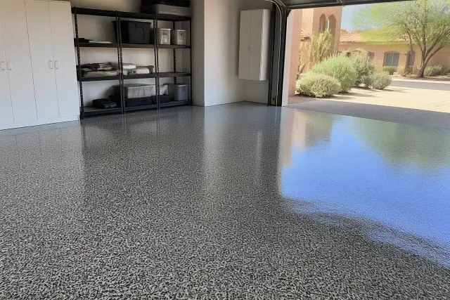 High-gloss polyaspartic floor with quartz flakes in a multi-car garage in Tempe, AZ.