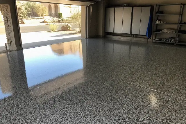 High-gloss polyaspartic garage floor coating in a residential home in Phoenix, AZ.
