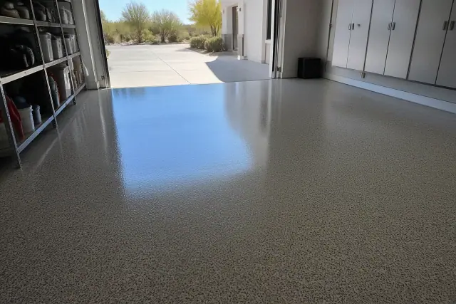 High-gloss, speckled polyaspartic floor coating in a Phoenix, AZ residential garage.