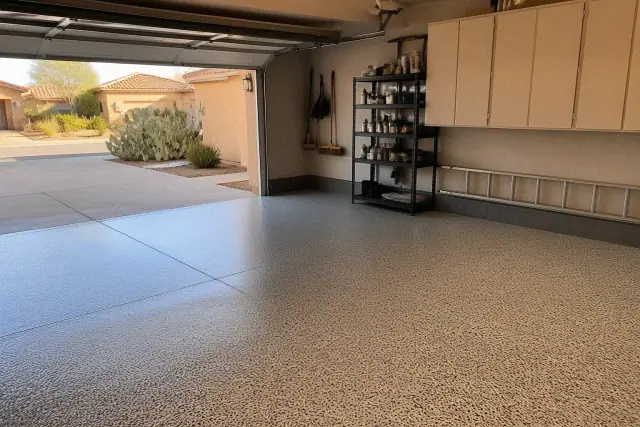 Polyaspartic floor coating in a residential garage with storage cabinets in Mesa, AZ.