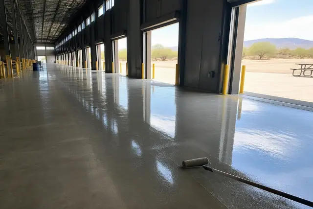 Wet polyaspartic floor coating being applied to a warehouse floor in Phoenix, AZ.