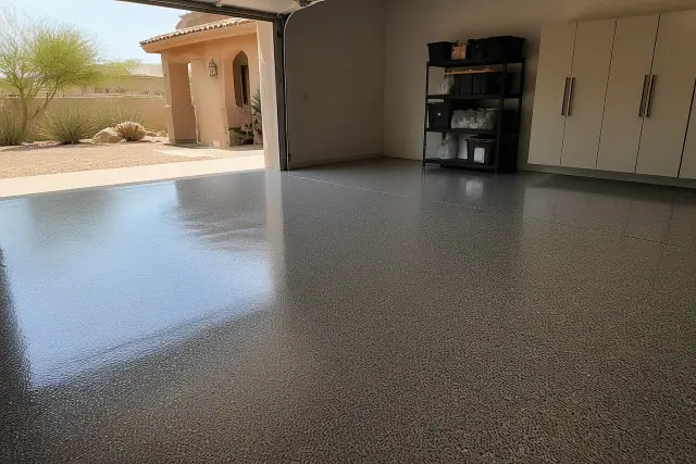 Completed polyaspartic floor coating in a residential garage in Phoenix, AZ.
