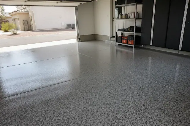 Polyaspartic floor coating with a speckled finish in a residential garage in Phoenix, AZ.