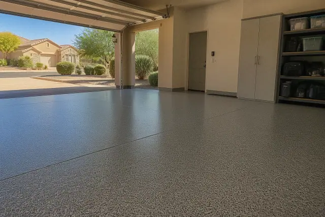 Polyaspartic floor coating on a residential garage floor with storage cabinets in Chandler, AZ.