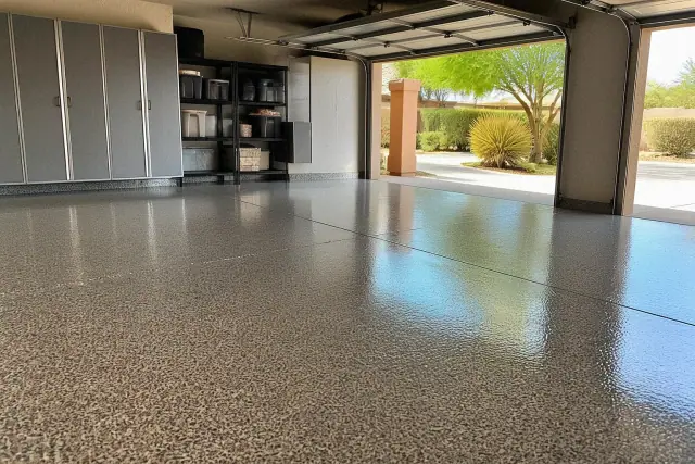 Finished polyaspartic floor coating with flake broadcast in a residential garage in Gilbert, AZ.