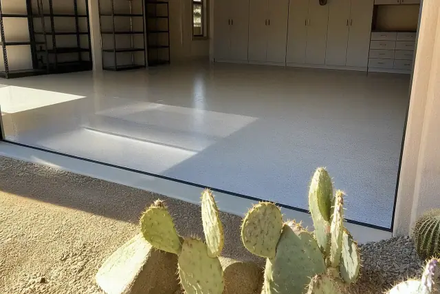 Polyaspartic floor coating applied to a residential garage floor in Paradise Valley, AZ with storage cabinets.