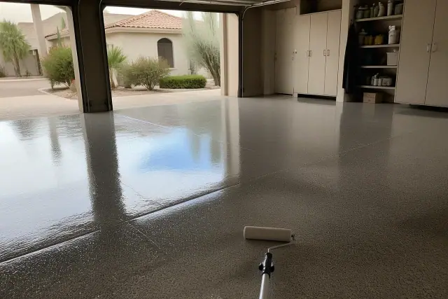 High-gloss polyaspartic floor coating on a residential garage floor in Glendale, AZ.