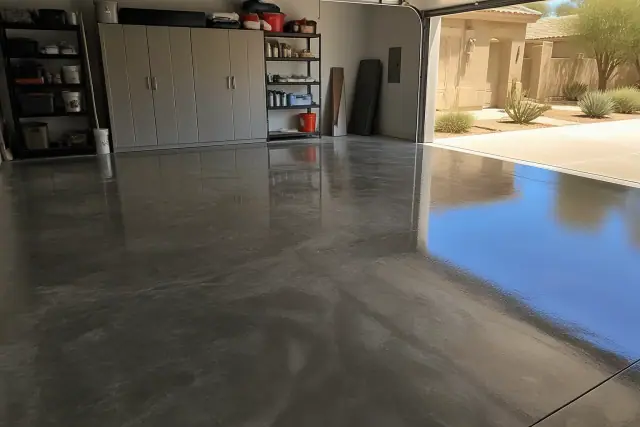Polyaspartic floor coating on a garage floor in Phoenix, AZ, with storage cabinets and a view of desert landscaping.