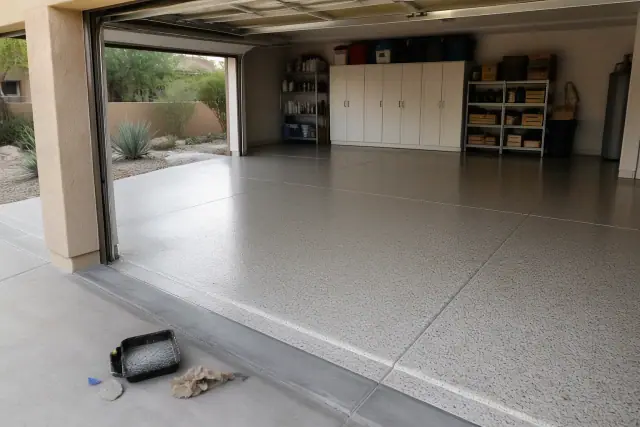 Completed polyaspartic flake floor coating in a residential garage in Phoenix, AZ with clean control joints.