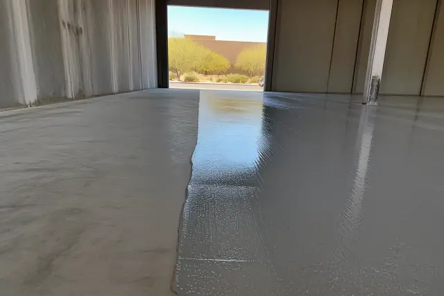 Polyaspartic floor coating being applied to concrete inside a warehouse with desert views in Phoenix, AZ.