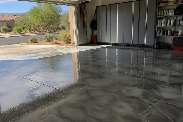 Glossy polyaspartic topcoat finish on a residential garage floor in Phoenix, AZ.