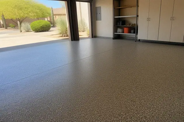 Quartz and colored epoxy flake flooring installed in a residential garage in Phoenix, AZ.
