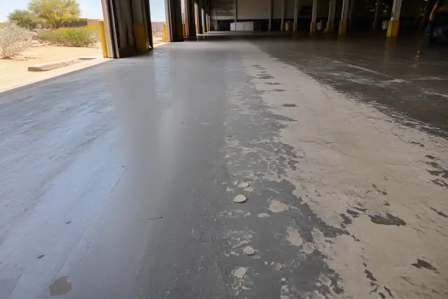 Concrete flooring showing recoat wear versus full delamination in a logistics building in Phoenix, AZ.