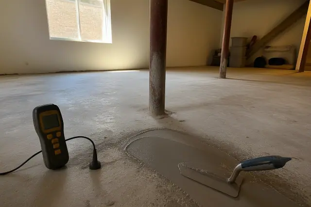 Contractor applying sealant to a foundation floor during a moisture repair project in a basement in Phoenix, AZ.