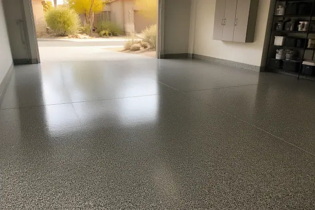 High-gloss flake epoxy floor installed in a residential garage in Phoenix, AZ.