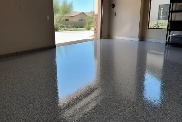 Finished high-gloss epoxy garage flooring in a Gilbert, AZ home with desert landscaping visible outside.