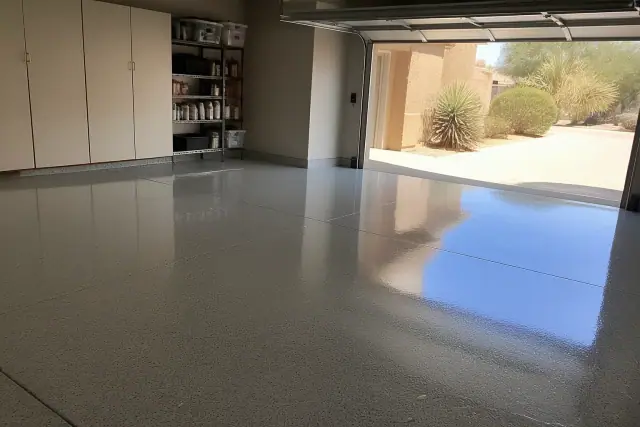 Freshly applied high-gloss epoxy flooring in a residential garage in Mesa, AZ.