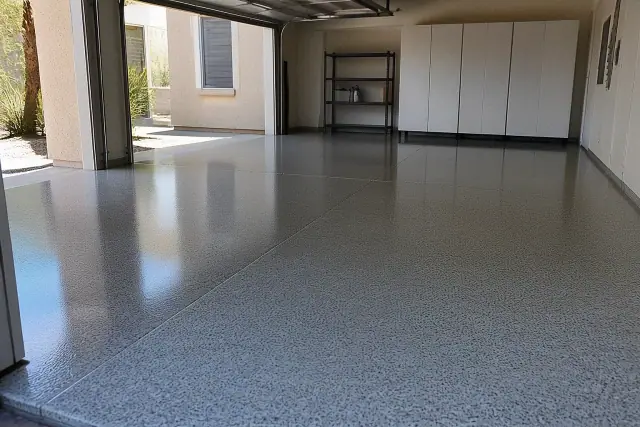 High-gloss residential epoxy flooring with micro-flakes in a Tempe, AZ garage.