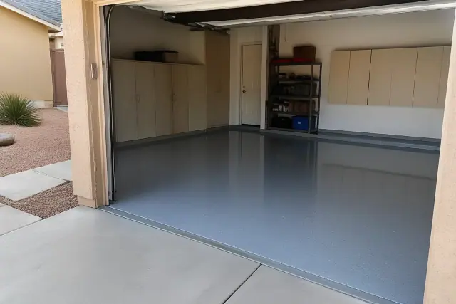 Completed residential epoxy garage floor with a high-gloss finish in a home in Peoria, AZ.