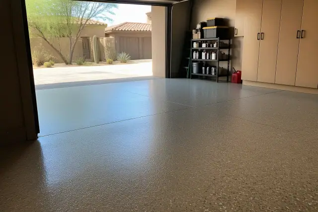 Glossy residential epoxy flooring with decorative flakes inside a garage in Paradise Valley, AZ.