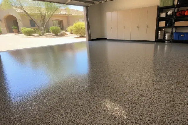 Glossy residential epoxy floor with decorative flakes in a garage in Scottsdale, AZ.