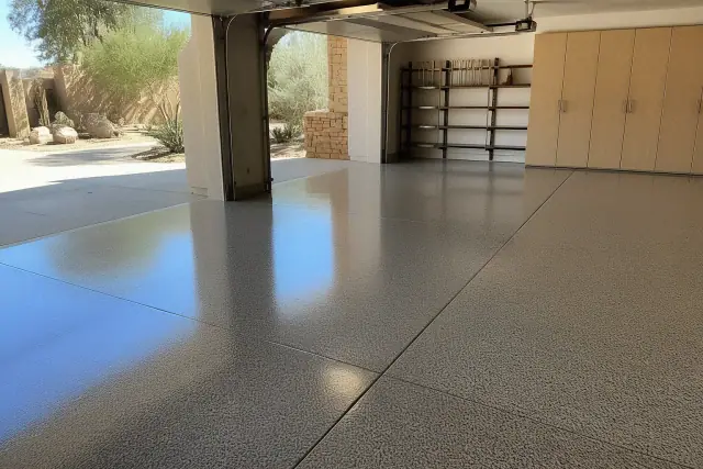 High-gloss epoxy floor in a residential garage with desert landscaping visible in Chandler, AZ.
