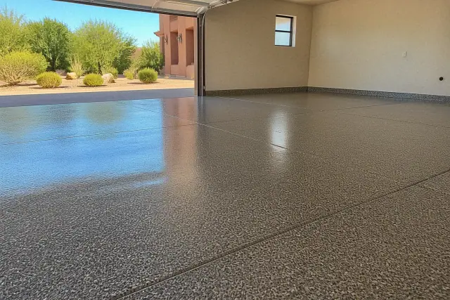 A high-gloss polyaspartic garage floor with concrete flakes in a Phoenix, AZ home, seen through an open garage door.