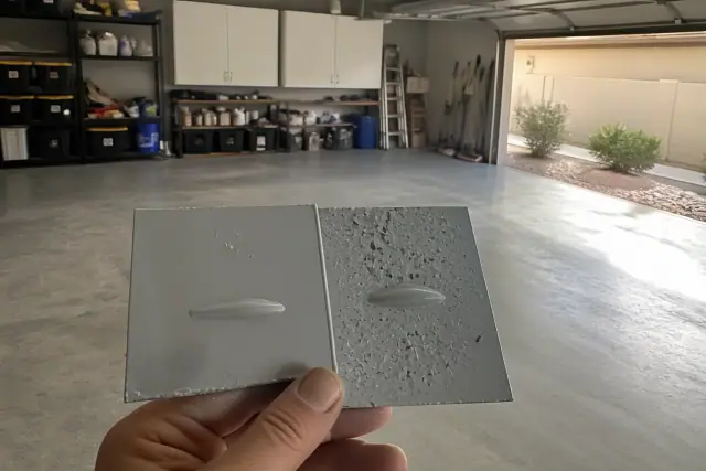 A close-up of film thickness on a test patch in a Phoenix, AZ residential garage with exterior xeriscaping visible.