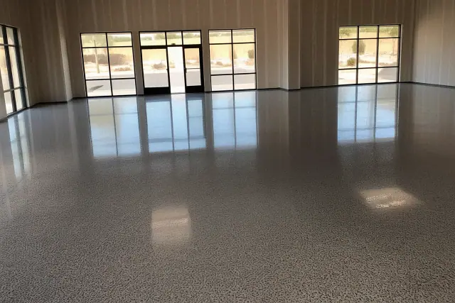 High-gloss polyaspartic floor in an empty retail space in Phoenix, AZ, with desert views through the windows.