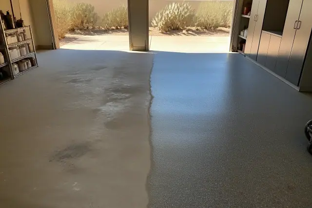 Single and two-coat epoxy application comparison on a residential garage floor in Phoenix, AZ.