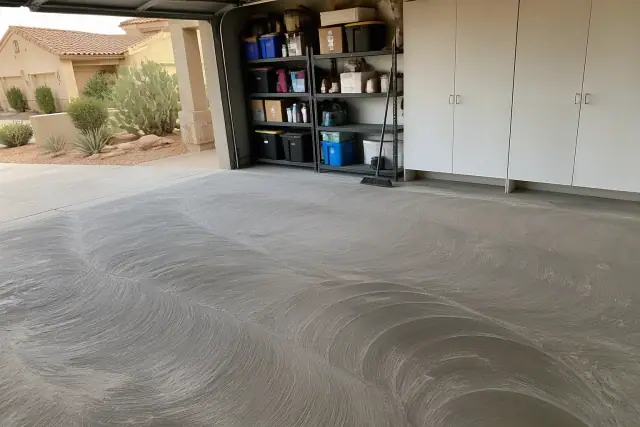 Concrete floor being ground and prepared for epoxy coating in a residential garage in Phoenix, AZ.