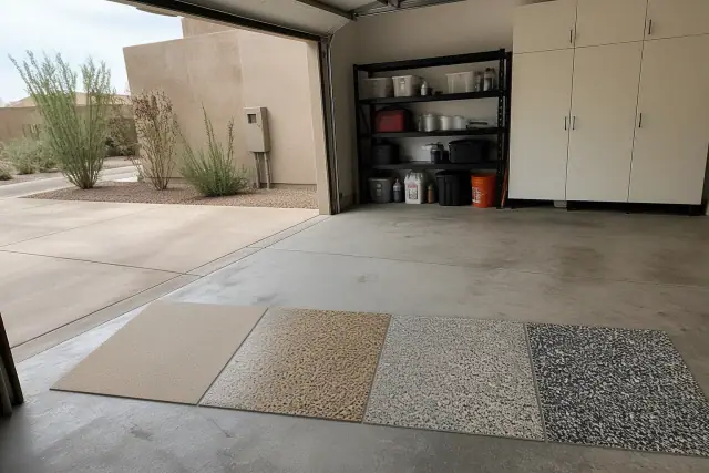 Solid, brindle, metallic, and hybrid garage floor samples in a residential interior in Phoenix, AZ.