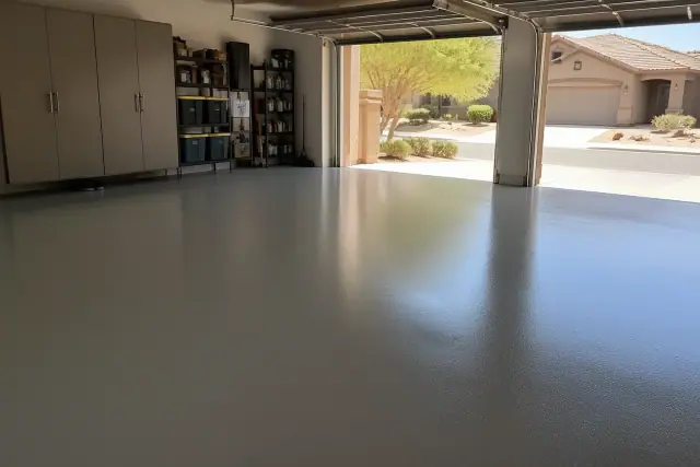 Smooth, glossy solid-color epoxy flooring in a residential garage in Phoenix, AZ.