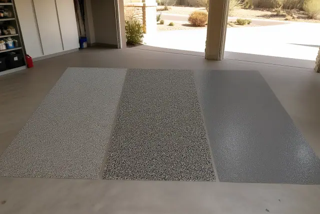 Three flooring finish samples displayed on a garage floor in Phoenix, AZ.