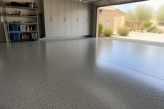 High-gloss two-part epoxy garage floor coating in a residential Phoenix, AZ home.