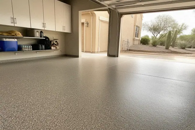 Newly installed textured flake epoxy flooring in a residential garage in Phoenix, AZ.